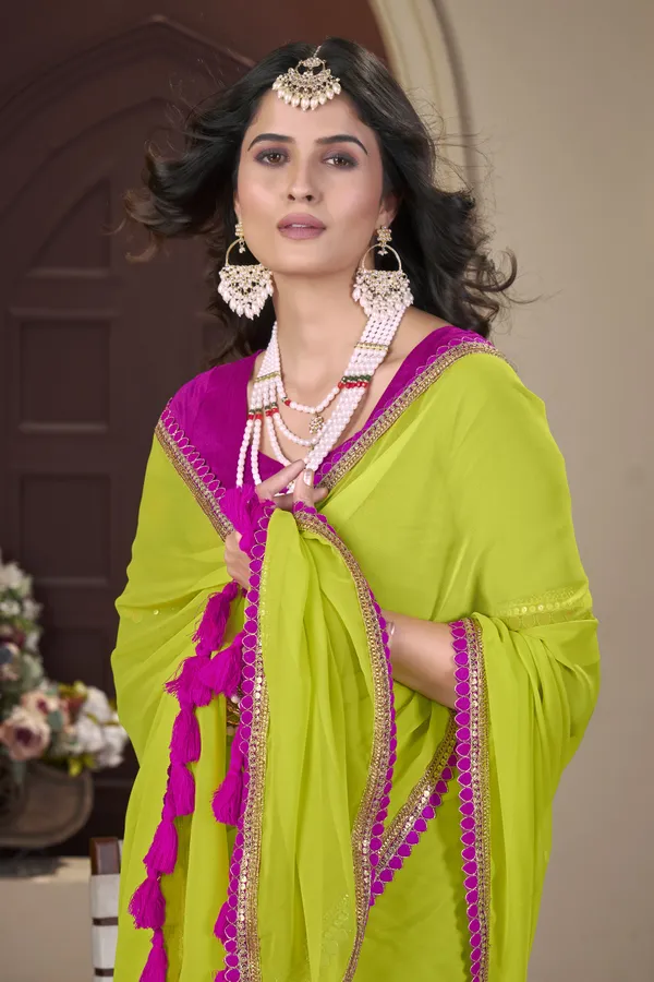 Parrot_Green_Georgette_Pom_Pom_Embellished_Saree_For_Women_|_With_Blouse_Piece