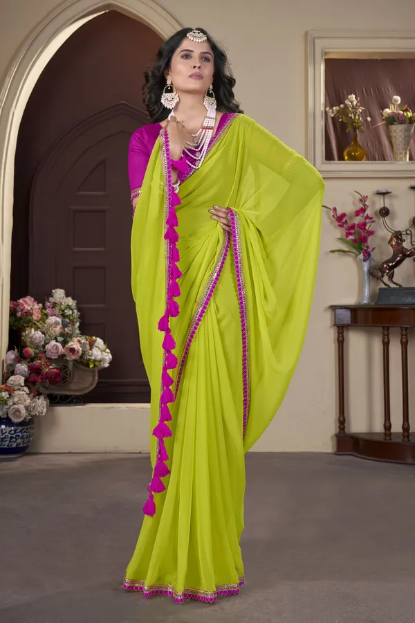 Parrot_Green_Georgette_Pom_Pom_Embellished_Saree_For_Women_|_With_Blouse_Piece