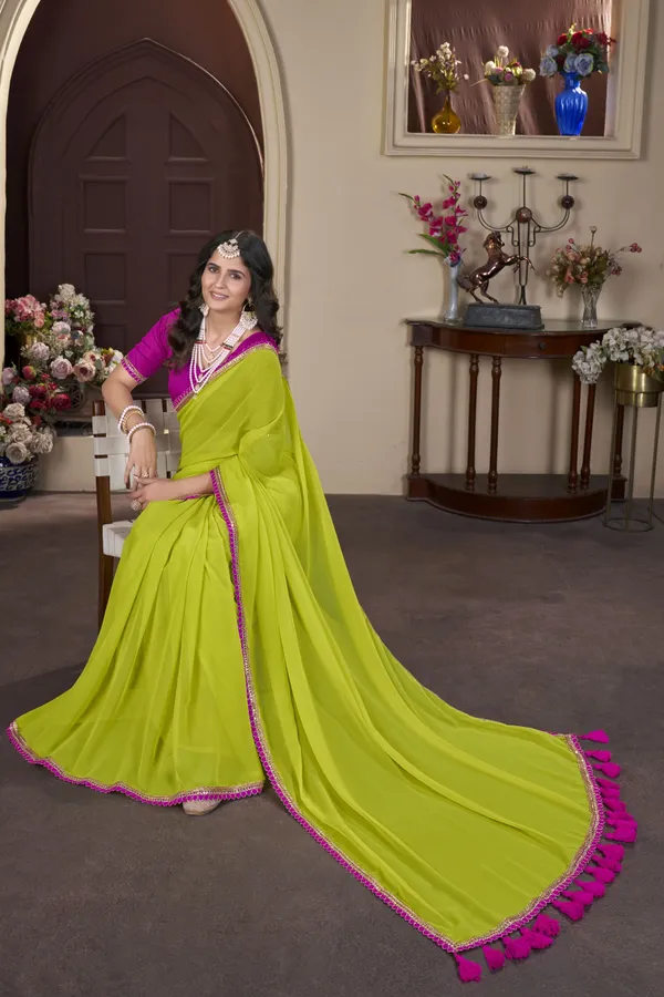 Parrot_Green_Georgette_Pom_Pom_Embellished_Saree_For_Women_|_With_Blouse_Piece
