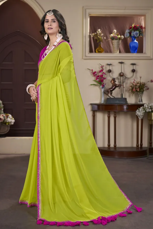 Parrot_Green_Georgette_Pom_Pom_Embellished_Saree_For_Women_|_With_Blouse_Piece