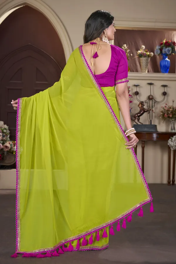 Parrot_Green_Georgette_Pom_Pom_Embellished_Saree_For_Women_|_With_Blouse_Piece
