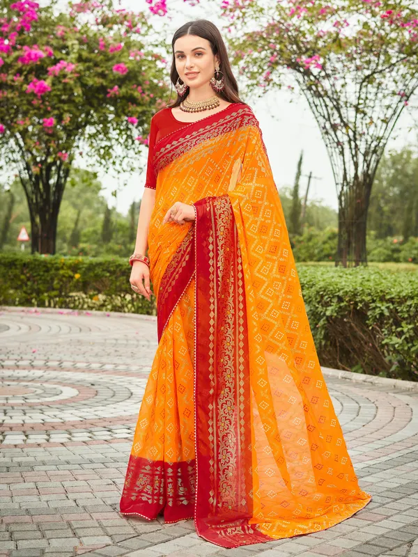 Mustard_Georgette_Bandhani_Printed_Foil_Work_Saree_For_Women_|_With_Blouse_Piece