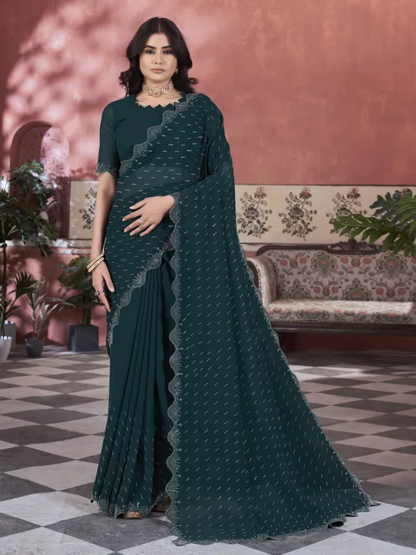 Dark_Green_Georgette_Embellished_Swarovski_Work_Saree_For_Women_|_With_Blouse_Piece