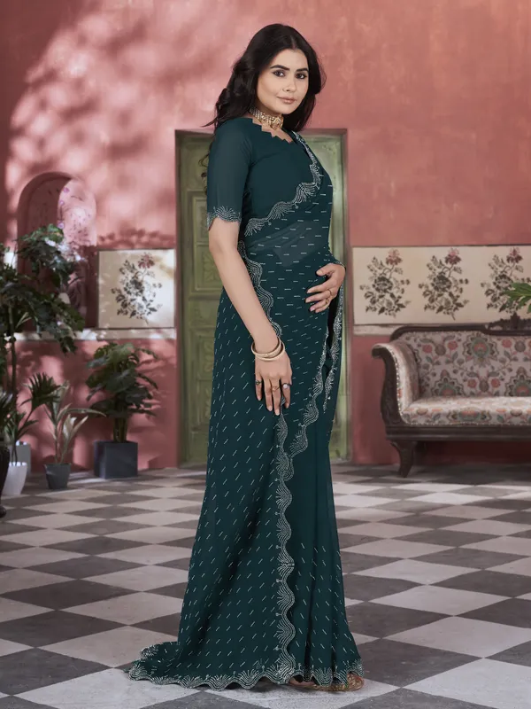 Dark_Green_Georgette_Embellished_Swarovski_Work_Saree_For_Women_|_With_Blouse_Piece
