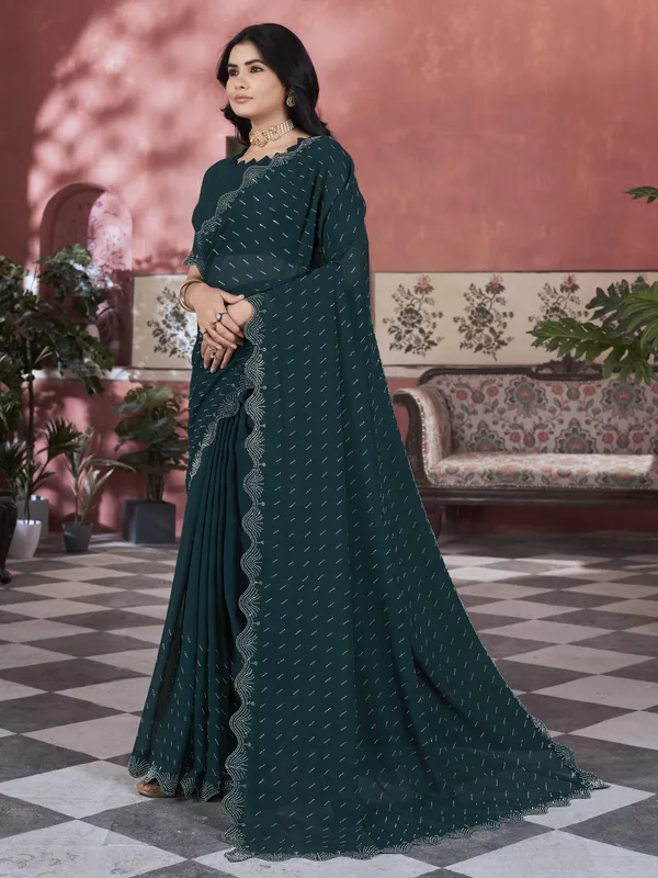 Dark_Green_Georgette_Embellished_Swarovski_Work_Saree_For_Women_|_With_Blouse_Piece