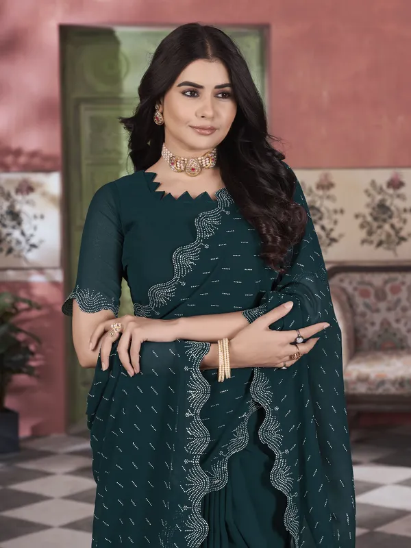 Dark_Green_Georgette_Embellished_Swarovski_Work_Saree_For_Women_|_With_Blouse_Piece