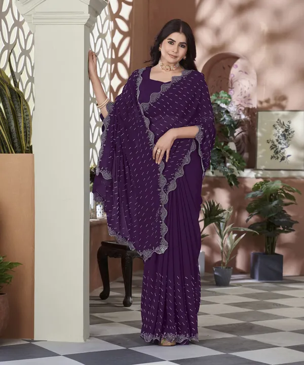 Purple_Georgette_Swarovski_Embellished_Cut_Work_Saree_For_Women_|_With_Blouse_Piece