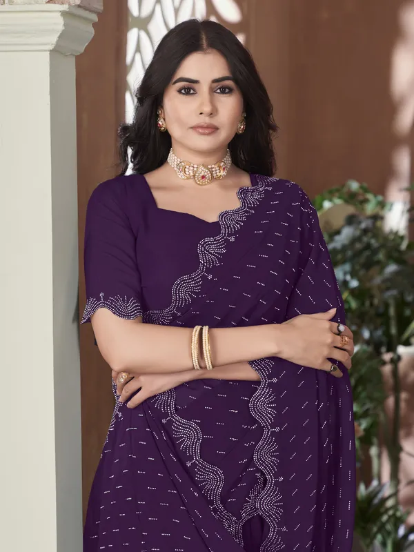 Purple_Georgette_Swarovski_Embellished_Cut_Work_Saree_For_Women_|_With_Blouse_Piece