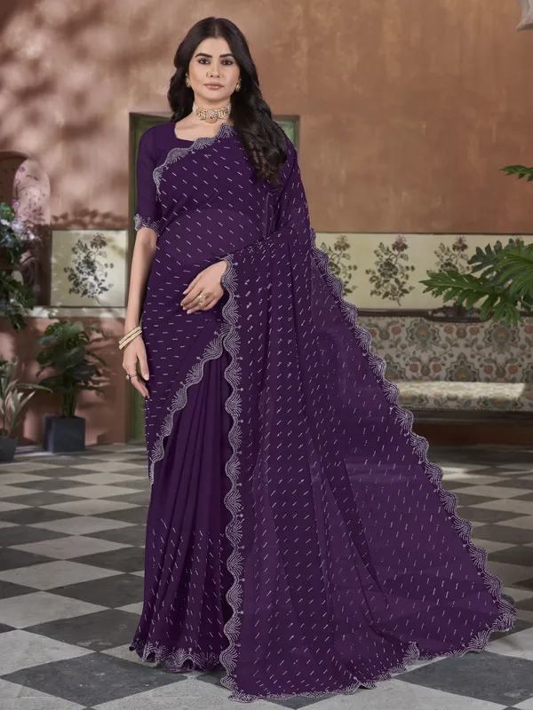 Purple_Georgette_Swarovski_Embellished_Cut_Work_Saree_For_Women_|_With_Blouse_Piece