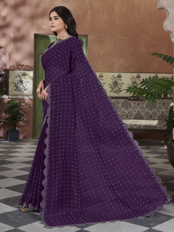Purple_Georgette_Swarovski_Embellished_Cut_Work_Saree_For_Women_|_With_Blouse_Piece