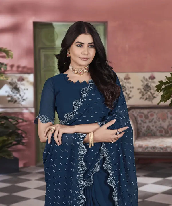 Dark_Blue_Georgette_Swarovski_Stone_Embellished_Saree_For_Women_|_With_Blouse_Piece