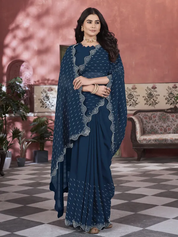 Dark_Blue_Georgette_Swarovski_Stone_Embellished_Saree_For_Women_|_With_Blouse_Piece