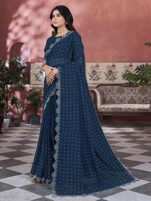 Dark_Blue_Georgette_Swarovski_Stone_Embellished_Saree_For_Women_|_With_Blouse_Piece