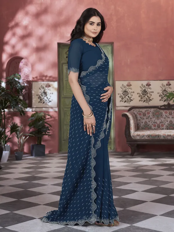 Dark_Blue_Georgette_Swarovski_Stone_Embellished_Saree_For_Women_|_With_Blouse_Piece