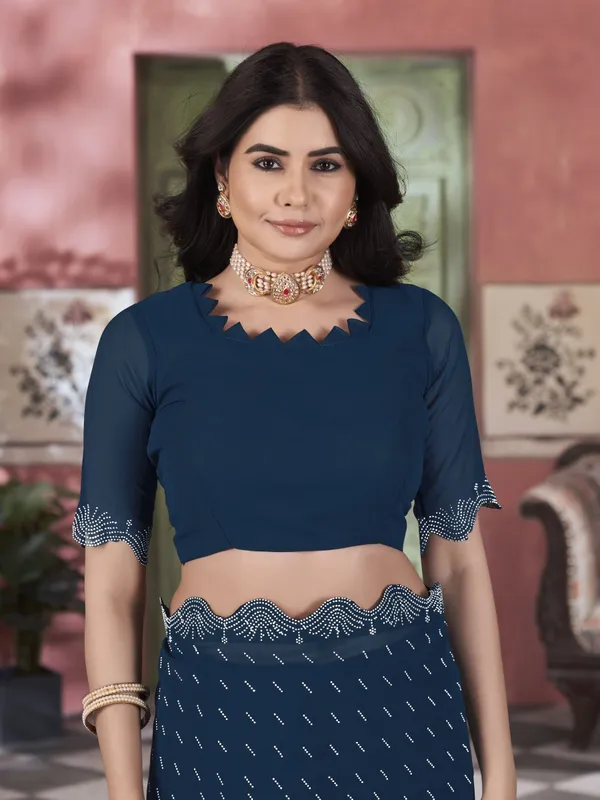 Dark_Blue_Georgette_Swarovski_Stone_Embellished_Saree_For_Women_|_With_Blouse_Piece
