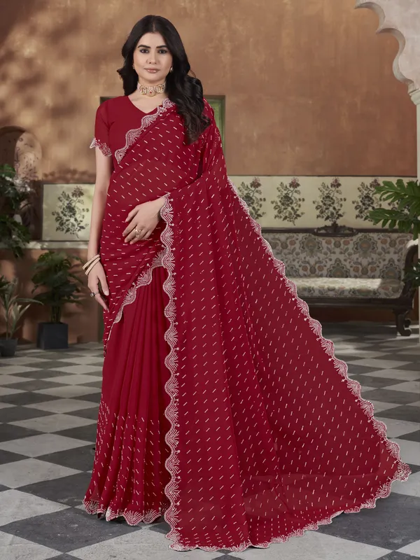 Red_Georgette_Swarovski_Stone_Embellished_Saree_For_Women_|_With_Blouse_Piece