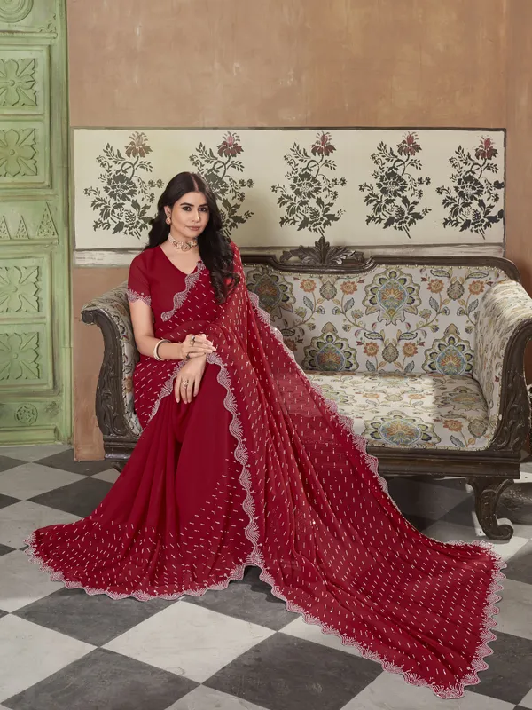 Red_Georgette_Swarovski_Stone_Embellished_Saree_For_Women_|_With_Blouse_Piece