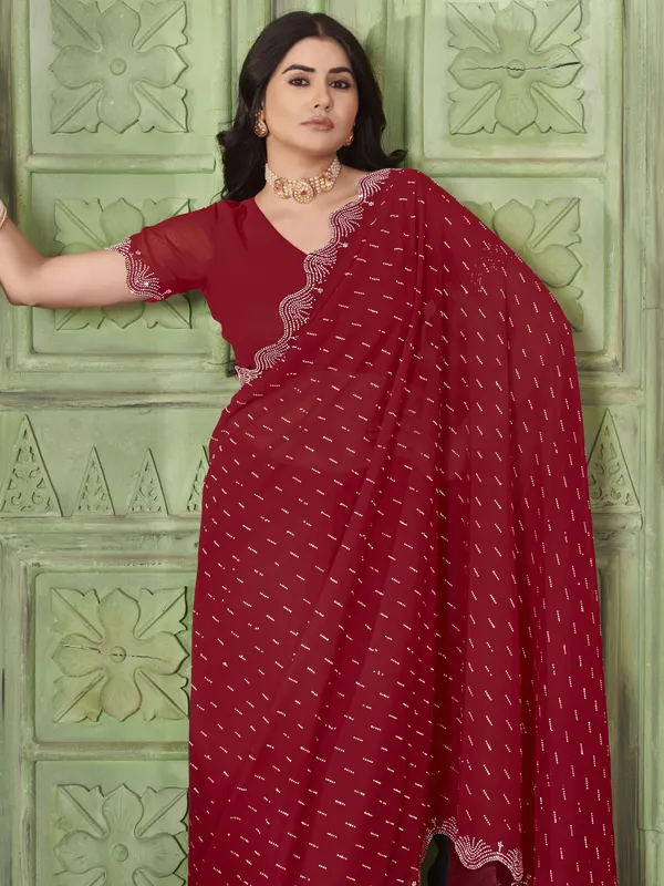 Red_Georgette_Swarovski_Stone_Embellished_Saree_For_Women_|_With_Blouse_Piece