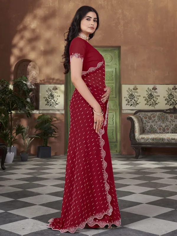 Red_Georgette_Swarovski_Stone_Embellished_Saree_For_Women_|_With_Blouse_Piece
