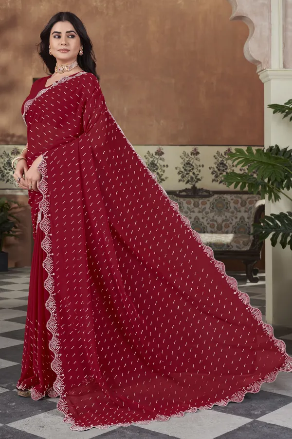 Red_Georgette_Swarovski_Stone_Embellished_Saree_For_Women_|_With_Blouse_Piece