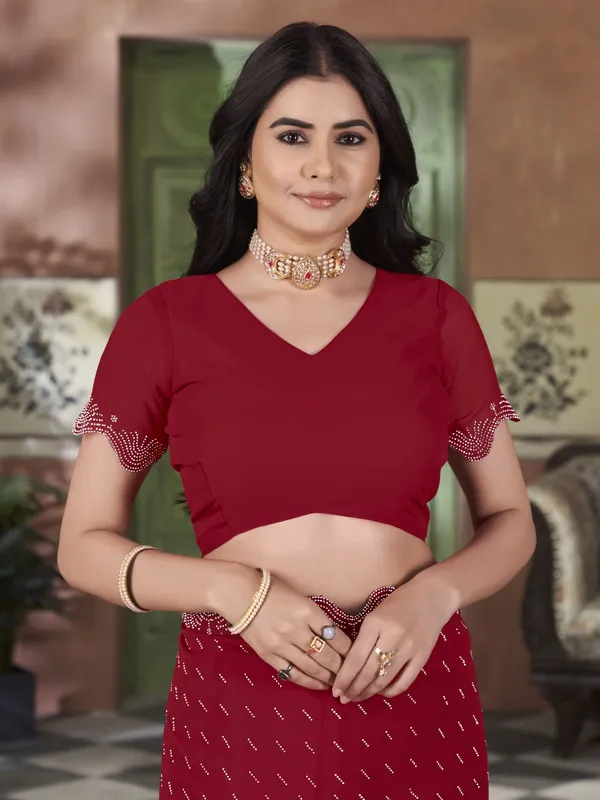 Red_Georgette_Swarovski_Stone_Embellished_Saree_For_Women_|_With_Blouse_Piece