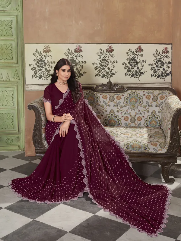 Maroon_Georgette_Swarovski_Embellished_Bollywood_Saree_For_Women_|_With_Blouse_Piece