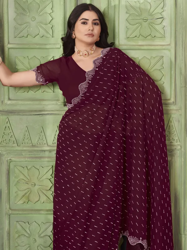 Maroon_Georgette_Swarovski_Embellished_Bollywood_Saree_For_Women_|_With_Blouse_Piece