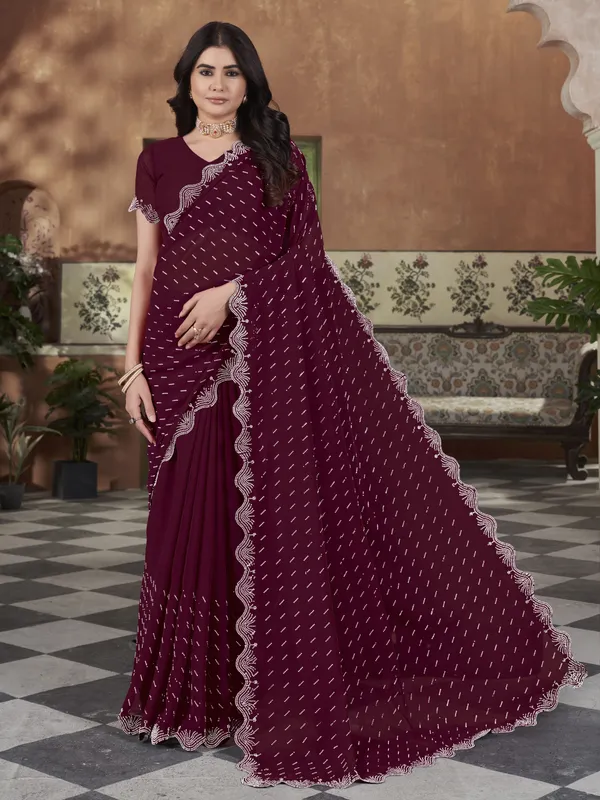 Maroon_Georgette_Swarovski_Embellished_Bollywood_Saree_For_Women_|_With_Blouse_Piece