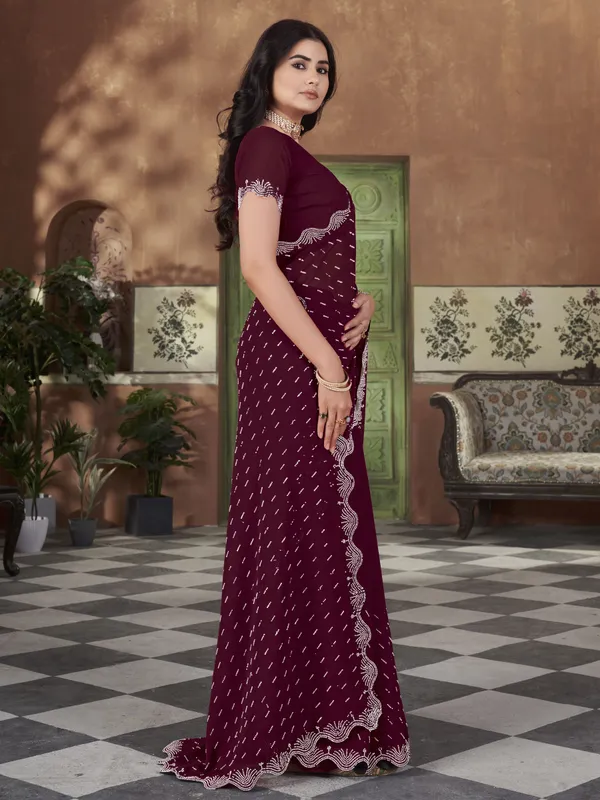 Maroon_Georgette_Swarovski_Embellished_Bollywood_Saree_For_Women_|_With_Blouse_Piece