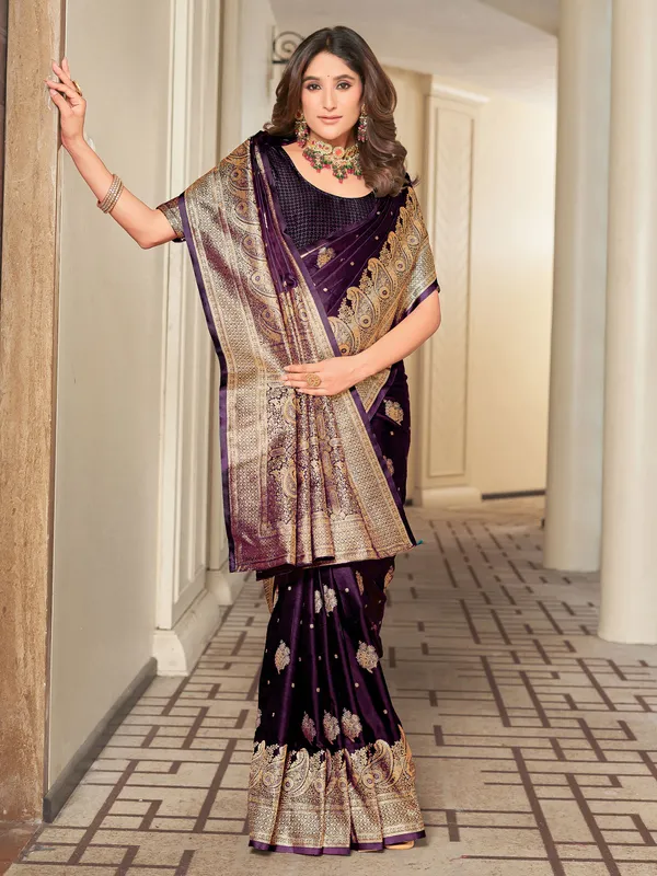 Purple_Gold_Satin_Woven_Banarasi_Jacquard_Zari_Saree_For_Women_|_With_Blouse_Piece
