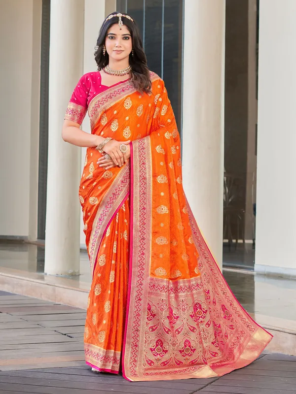 Orange_Banarasi_Satin_Jacquard_Zari_Woven_Saree_For_Women_|_With_Blouse_Piece