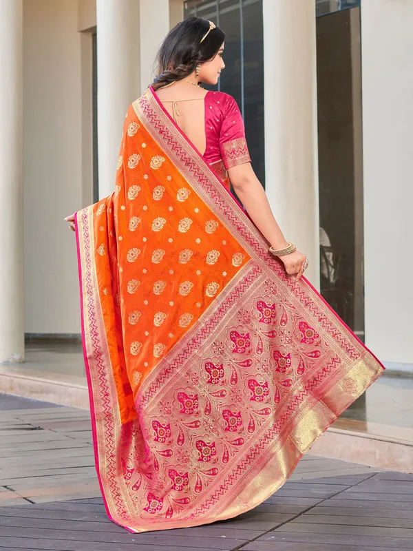 Orange_Banarasi_Satin_Jacquard_Zari_Woven_Saree_For_Women_|_With_Blouse_Piece