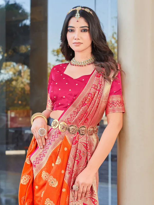 Orange_Banarasi_Satin_Jacquard_Zari_Woven_Saree_For_Women_|_With_Blouse_Piece
