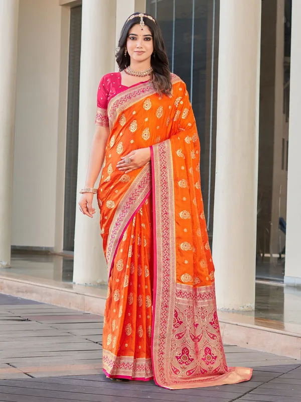 Orange_Banarasi_Satin_Jacquard_Zari_Woven_Saree_For_Women_|_With_Blouse_Piece