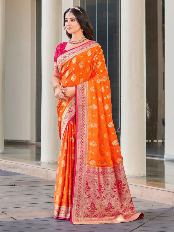 Orange_Banarasi_Satin_Jacquard_Zari_Woven_Saree_For_Women_|_With_Blouse_Piece