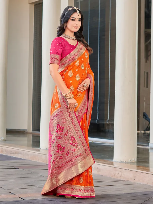 Orange_Banarasi_Satin_Jacquard_Zari_Woven_Saree_For_Women_|_With_Blouse_Piece