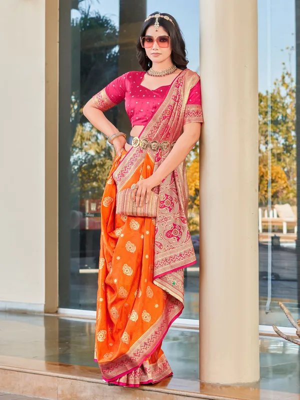 Orange_Banarasi_Satin_Jacquard_Zari_Woven_Saree_For_Women_|_With_Blouse_Piece