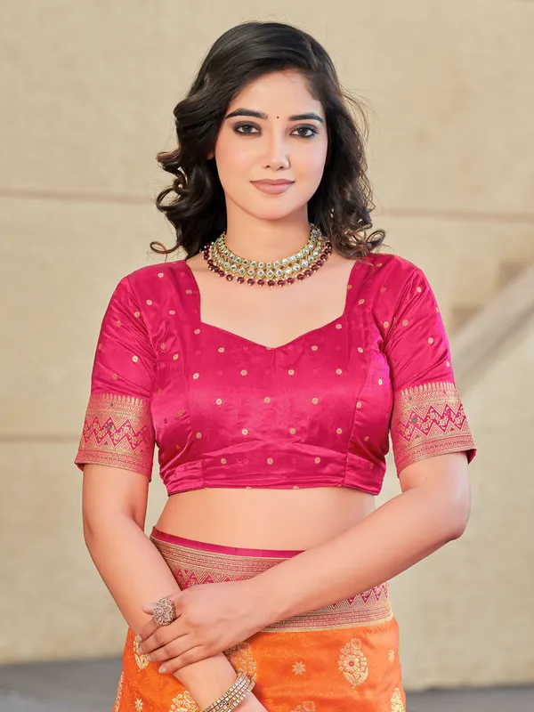 Orange_Banarasi_Satin_Jacquard_Zari_Woven_Saree_For_Women_|_With_Blouse_Piece