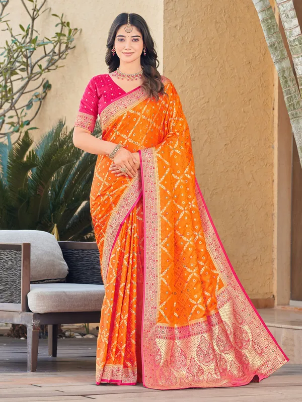 Sariya_Orange_Banarasi_Satin_Jacquard_Zari_Woven_Saree_For_Women_|_With_Blouse_Piece