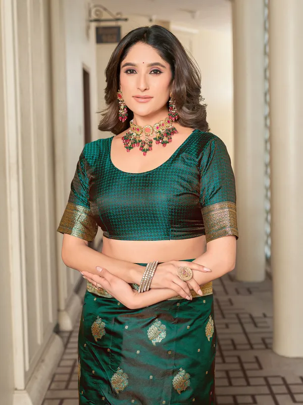 Green_Banarasi_Satin_Jacquard_Zari_Woven_Saree_For_Women_|_With_Blouse_Piece