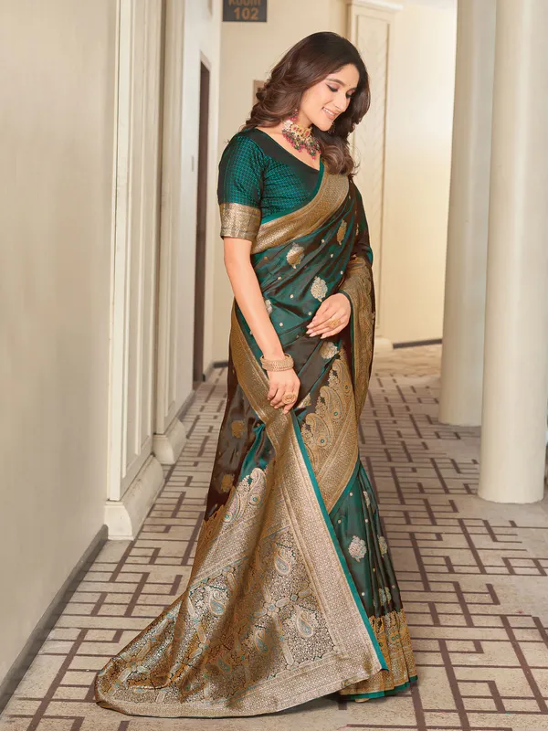 Green_Banarasi_Satin_Jacquard_Zari_Woven_Saree_For_Women_|_With_Blouse_Piece
