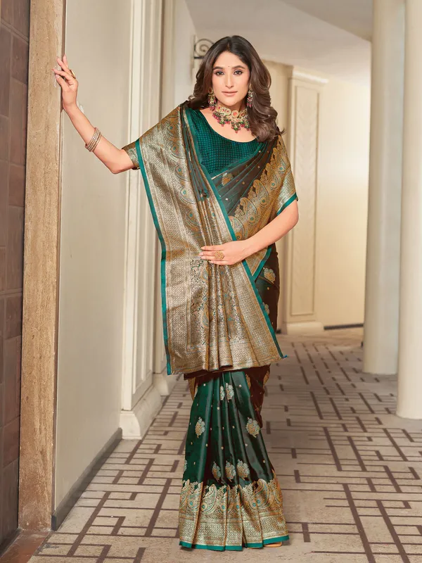 Green_Banarasi_Satin_Jacquard_Zari_Woven_Saree_For_Women_|_With_Blouse_Piece