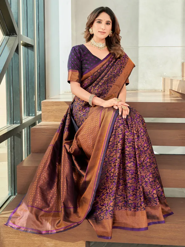 Purple_Brown_Banarasi_Satin_Jacquard_Zari_Woven_Saree_For_Women_|_With_Blouse_Piece