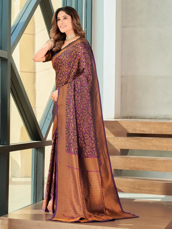 Purple_Brown_Banarasi_Satin_Jacquard_Zari_Woven_Saree_For_Women_|_With_Blouse_Piece