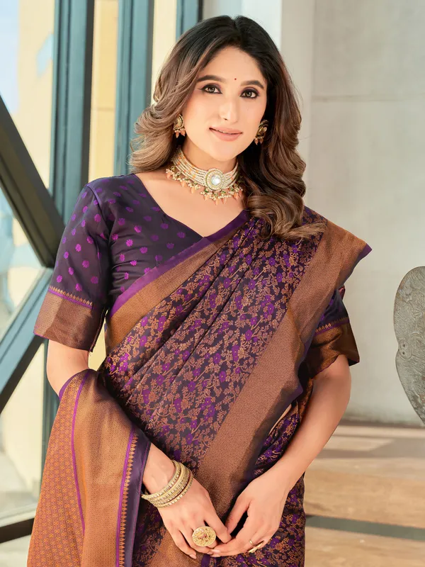 Purple_Brown_Banarasi_Satin_Jacquard_Zari_Woven_Saree_For_Women_|_With_Blouse_Piece