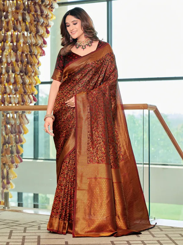 Maroon_Satin_Banarasi_Jacquard_Woven_Saree_For_Women_|_With_Blouse_Piece