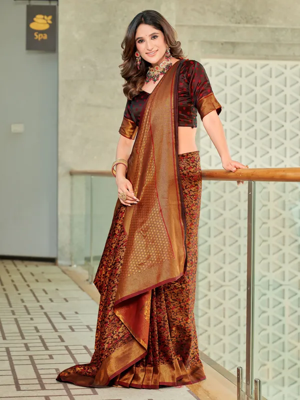 Maroon_Satin_Banarasi_Jacquard_Woven_Saree_For_Women_|_With_Blouse_Piece