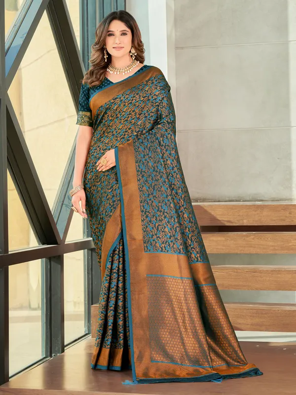 Light_Blue_Satin_Woven_Banarasi_Jacquard_Saree_For_Women_|_With_Blouse_Piece