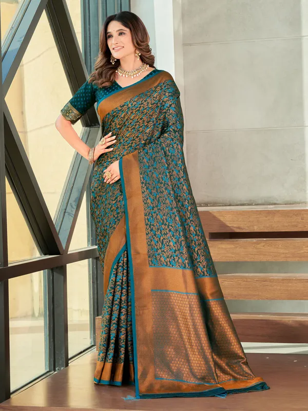 Light_Blue_Satin_Woven_Banarasi_Jacquard_Saree_For_Women_|_With_Blouse_Piece