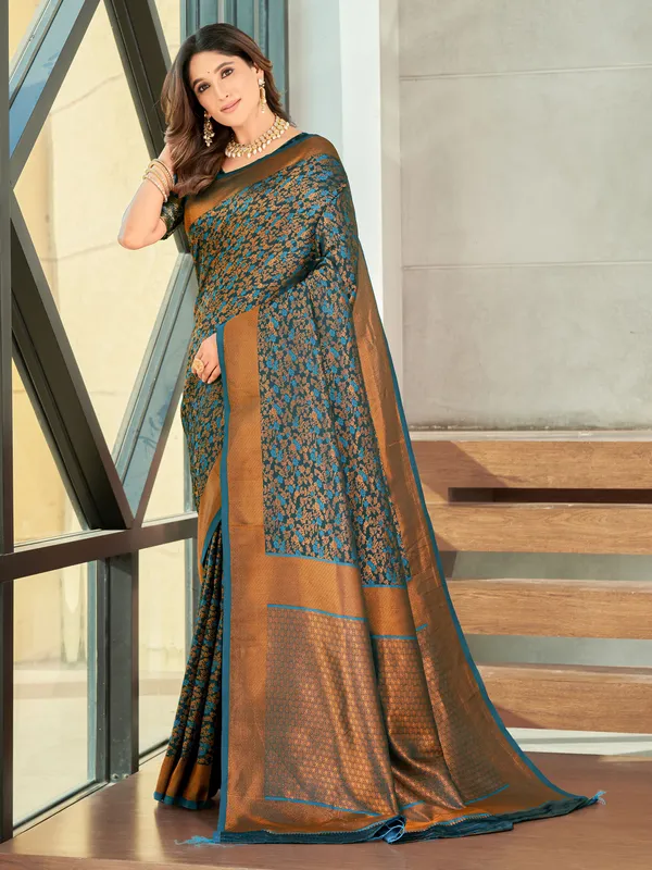 Light_Blue_Satin_Woven_Banarasi_Jacquard_Saree_For_Women_|_With_Blouse_Piece